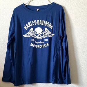 Harley Davidson Blue with White Winged Long Sleeve T-Shirt Size L